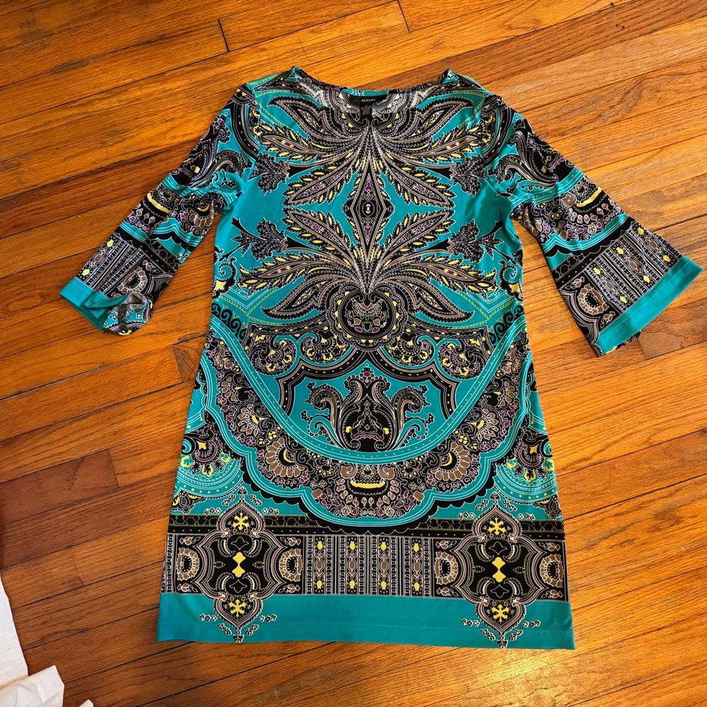 Alfani Teal and Black Ornate Long Sleeve Dress